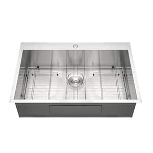 Loile 33 in. L Drop In Single Bowl 18 Gauge Brushed Nickel Stainless Steel Kitchen Sink with Grid, Rack and Strainer