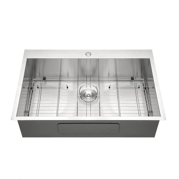 Loile 33 in. L Drop In Single Bowl 18 Gauge Brushed Nickel Stainless Steel Kitchen Sink with Grid, Rack and Strainer