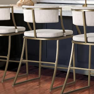 Mina 25 in. Antique Brass Mid-Back Metal Counter-Height Bar Stool with Upholstered Cream Seat, 1-Stool