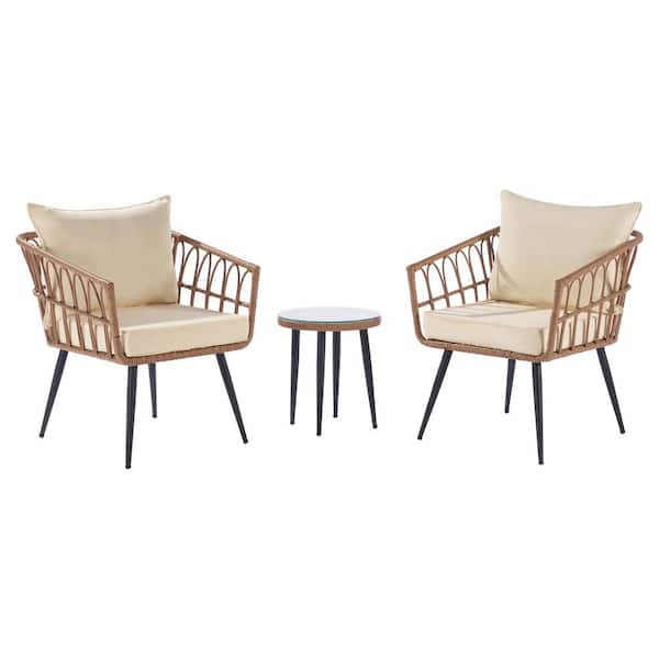 Sudzendf 3-Piece Wicker Patio Conversation Set with Yellow Cushions