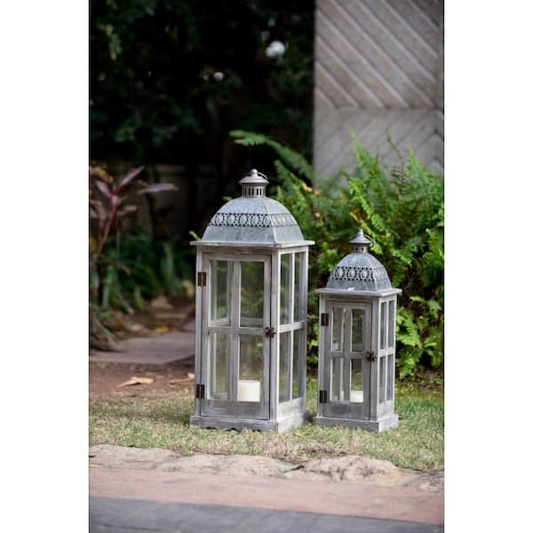 Grey Industrial Antique Metal Lantern Pillar Candle Holder Garden Indoor  Vintage