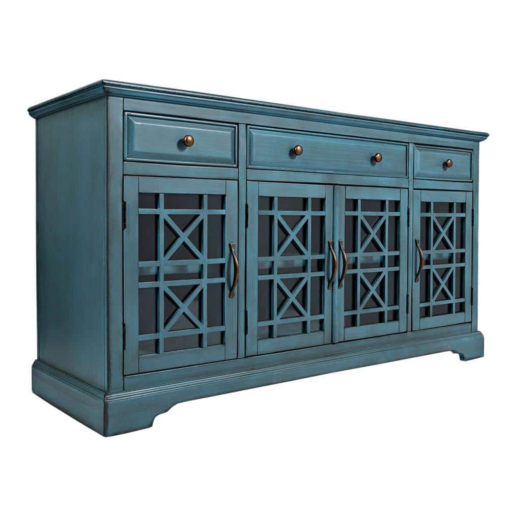 Antique Turquoise Acacia Wood TV Media Console with Glass Doors