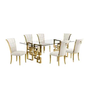 Dominga 7-Piece Rectangular Glass Top Gold Stainless Steel Dining Set with 6 Cream Velvet Fabric Gold Chrome Chair
