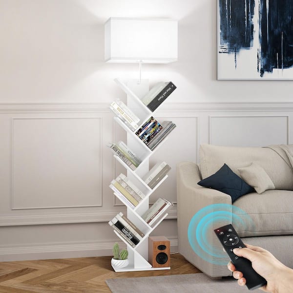 BICIK 60 in. White Standard 1-Light Dimmable Tree Shape Bookshelf Floor Lamp with Color Temperature and Linen Shade
