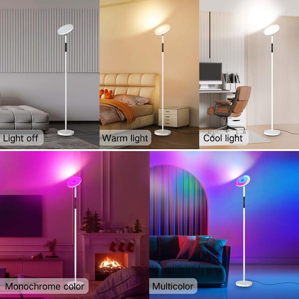 71 in. Classic White RGB Dimmable LED Light and Color Temperature Torchiere Floor Lamp with Remote Control
