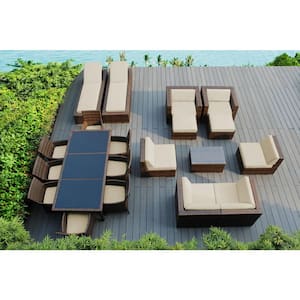 Mixed Brown 20-Piece Wicker Patio Combo Conversation Set with Sunbrella Antique Beige Cushions