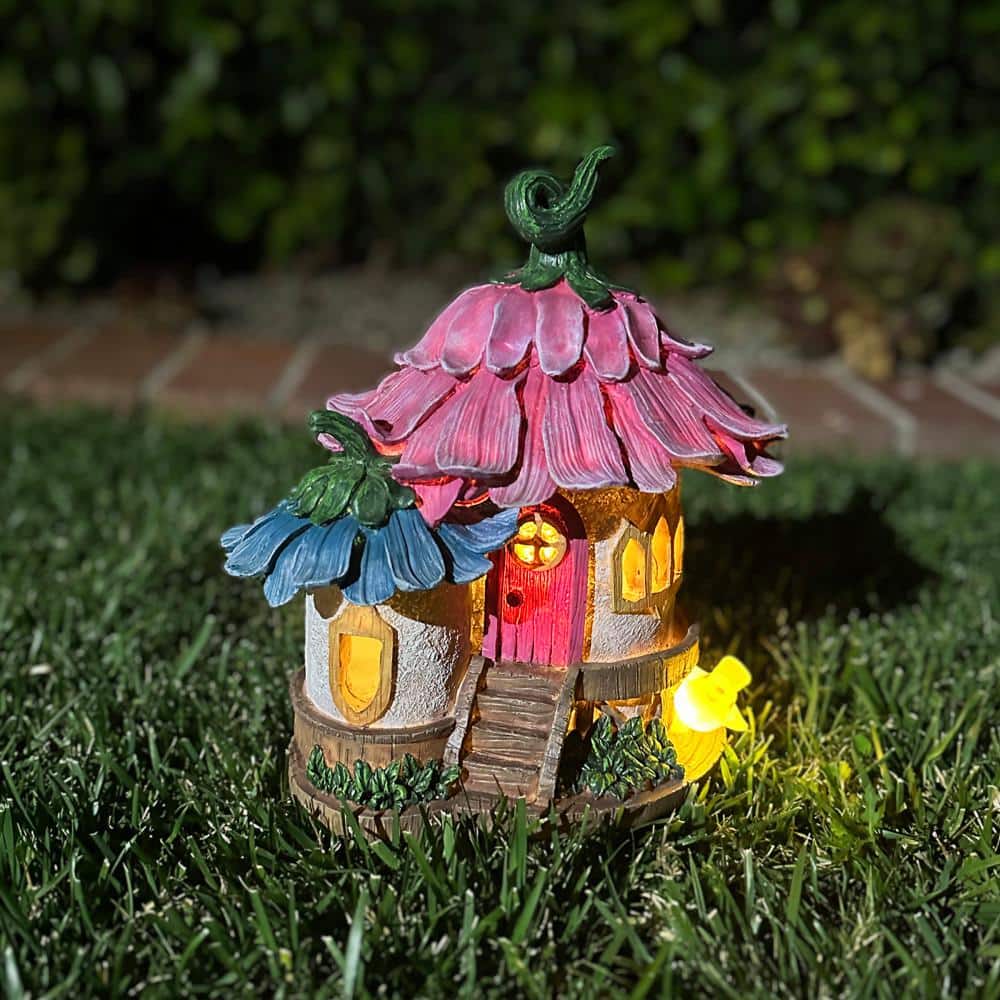 Solar Pink and Blue Daisy Petal Roof Fairy House Garden Statue
