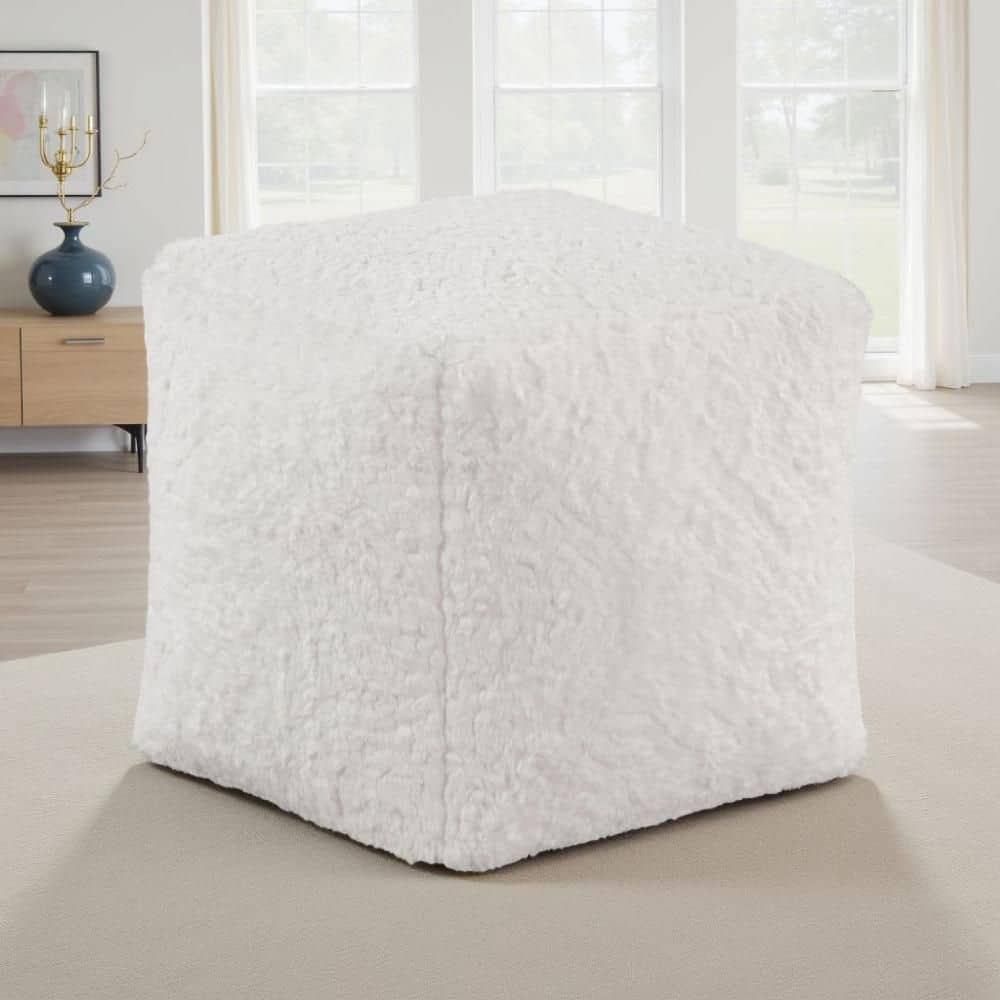 Off White Polyester and Faux Fur Square Modern Pouf Ottoman