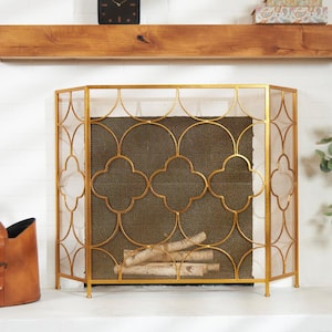 Gold Metal 50 in. W Foldable Mesh Netting 3 Panel Geometric Fireplace Screen with Quatrefoil Design