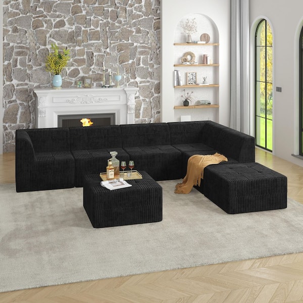 130.3 in. Corduroy Modular Comfy Compressed Sectional Sofa in. Black