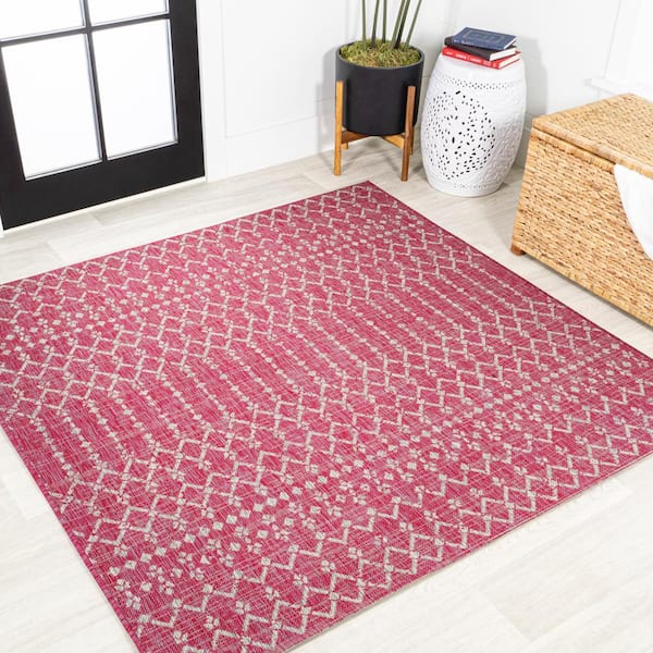 JONATHAN Y Ourika Moroccan Geometric Textured Weave Fuchsia/Light Gray 5 ft. Square Indoor/Outdoor Area Rug