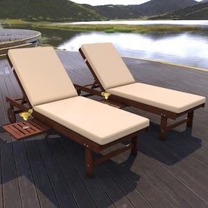 Seabrook 69 in. x 24 in. Dark Brown Acacia Wood Outdoor Lounger with Cushion 5-Position Back, Slide Table, Ivory Cushion