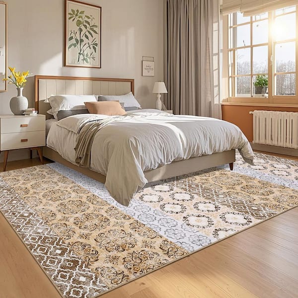 Dark Brown 10 ft. x 13 ft. Non-Slip Flower Print Rug Machine Washable Ultra Thin Soft for Office Dining Room Bedroom