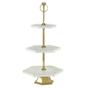 3- Tier White & Gold Round Stone with Aluminum Cake Stand, Set of 2
