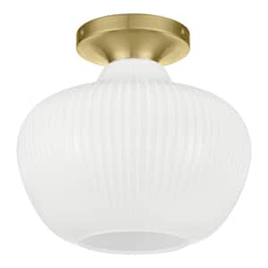 Pompton 12 in. 1-Light Gold Semi-Flush Mount Ceiling Light Fixture with White Ribbed Glass