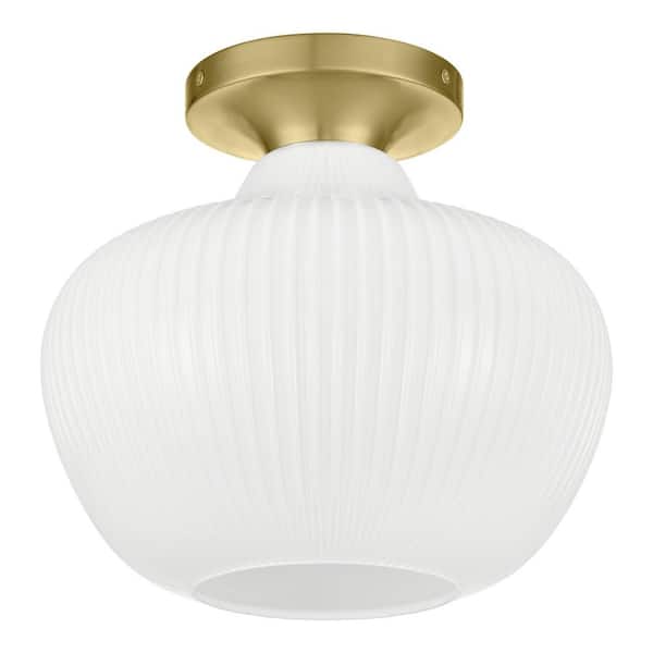Home Decorators Collection Pompton 12 in. 1-Light Gold Semi-Flush Mount Ceiling Light Fixture with White Ribbed Glass