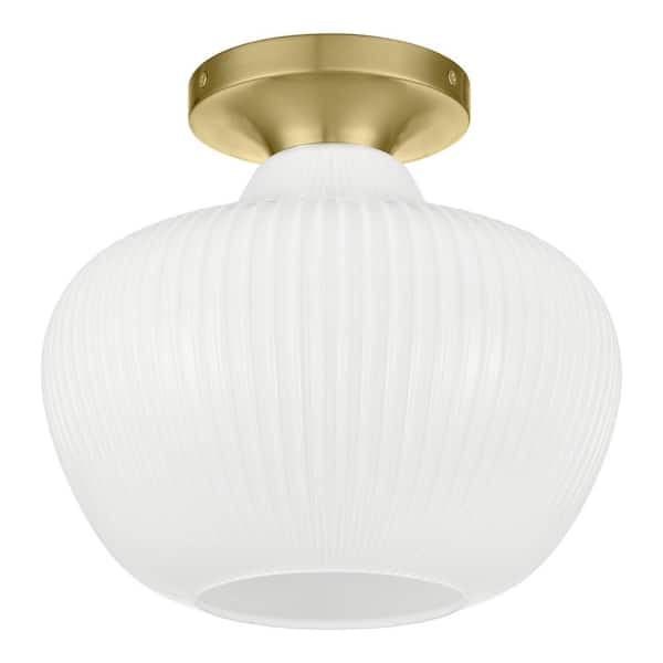 Pompton 12 in. 1-Light Gold Semi-Flush Mount Ceiling Light Fixture with White Ribbed Glass