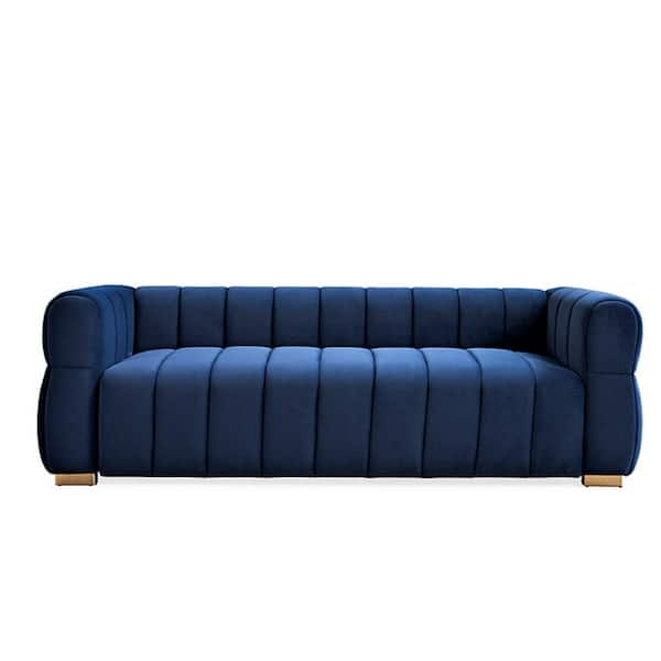US Pride Furniture Carlan 226 in. Width Square Arm Velvet Rectangle Tuxedo Sofa in. Blue