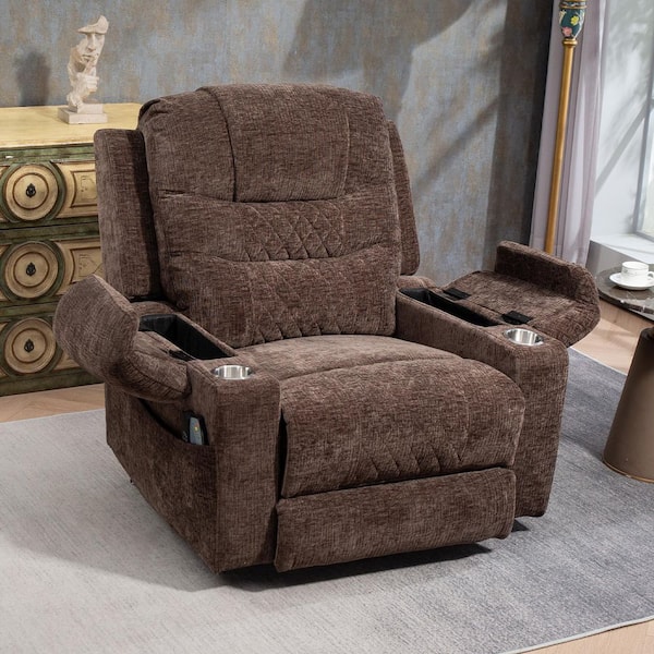 Upgraded Flagship Oversized Brown Chenille Power Lift Recliner Chair with Extended Footrest and Armrest Storage
