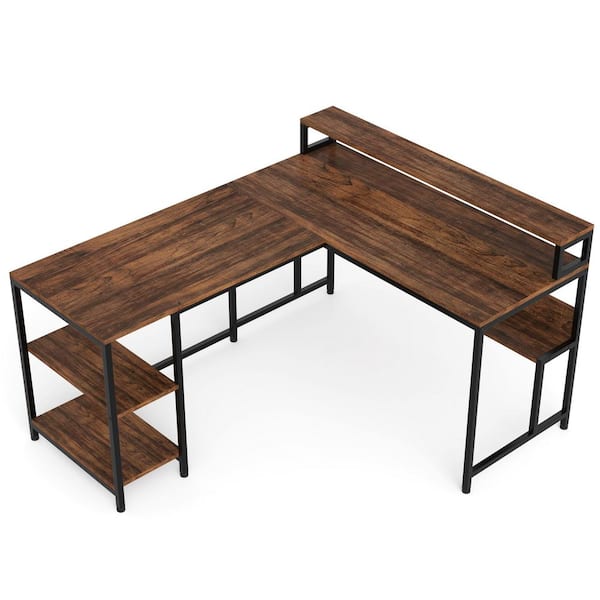 BYBLIGHT Lanita 59 in. L-Shaped Rustic Brown Wood Computer Desk with Shelves, 4-tier Storage Shelf for Home Office Living Room