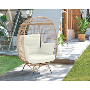 Freestanding Steel and Rattan Outdoor Egg Chair with Cushions in Cream Oversized Outdoor Lounger for Patio, Backyard