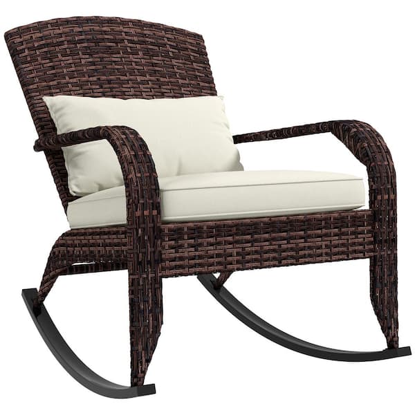 Outsunny Metal Outdoor Rocking Chair with Dark White Cushions PE Rattan