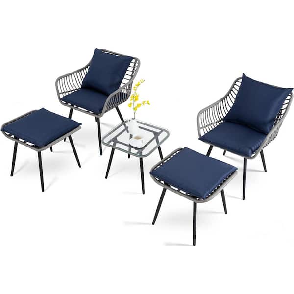 Tenleaf Gray Wicker Outdoor Lounge Chair with Blue Cushions (5-Pack)