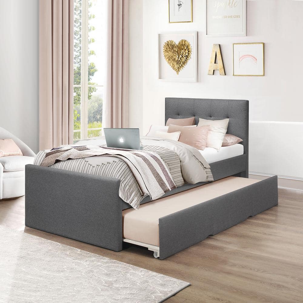 Emory Upholstered Twin Platform Bed with Panel Headboard and Trundle, Charcoal Gray -  Hillsdale Furniture, 2688BTWRTRCH