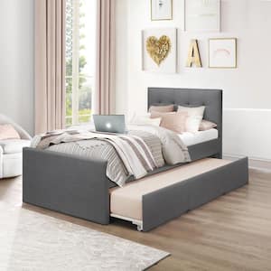 Emory Upholstered Twin Platform Bed with Panel Headboard and Trundle, Charcoal Gray