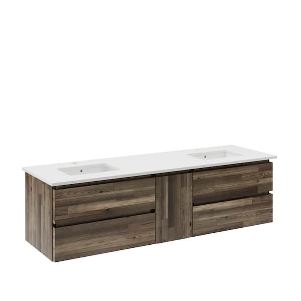 Fresca Formosa 72 in. Double Sink Wall Mount Floating Acacia Bath Vanity with White Quartz Top and Undermount Ceramic Sink