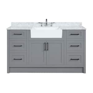 Laguna 60 in. Single Bath Vanity in Gray with Marble Vanity Top in Carrara White with Farmhouse basin