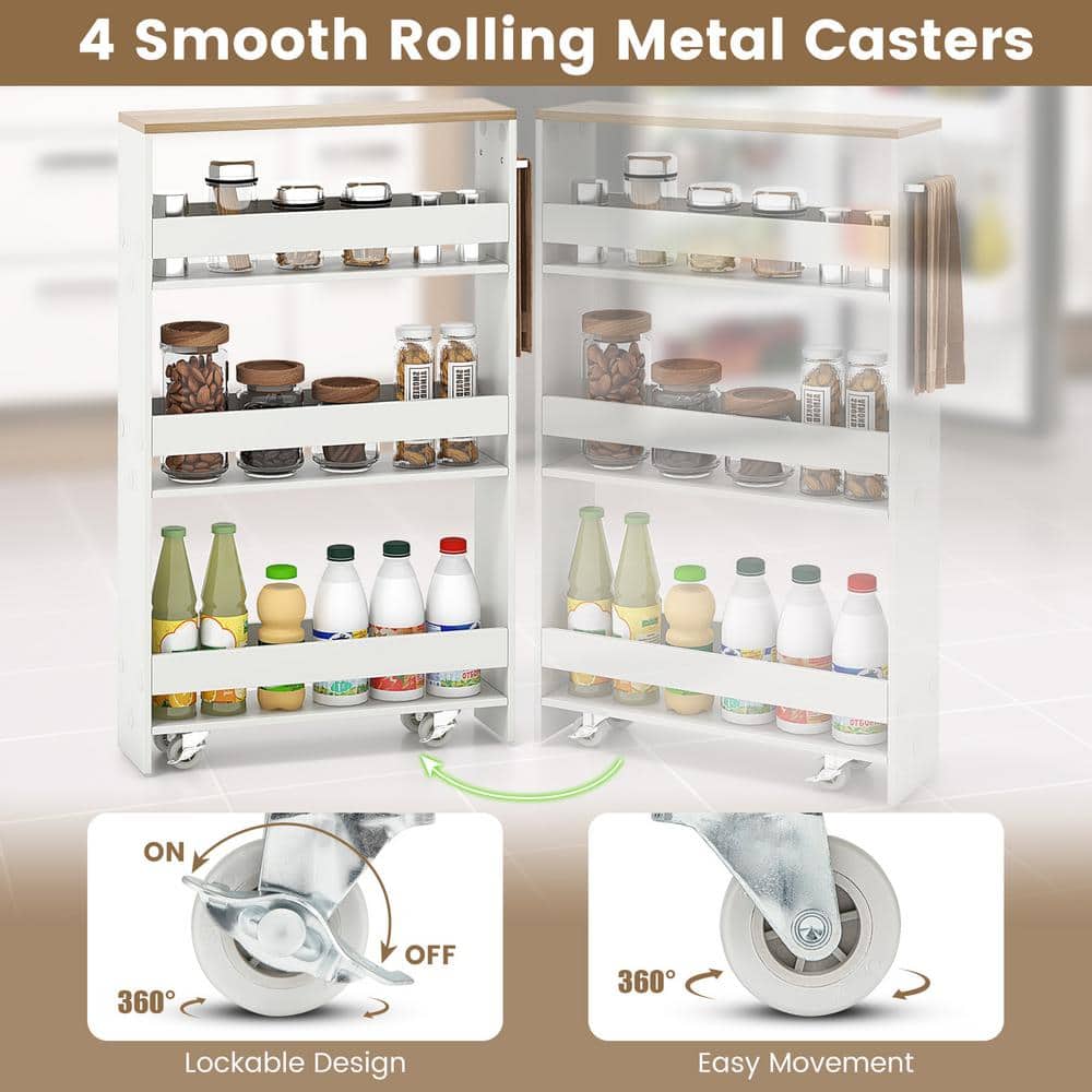 Rolling Kitchen White Slim Storage Cart Mobile Shelving Organizer with Handle - thumbnail 5