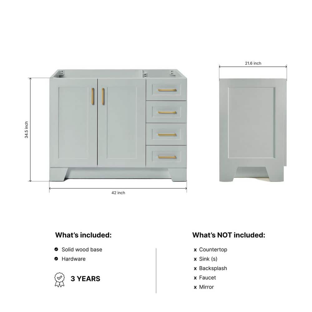 Gray 42'' Freestanding Wood Bathroom Vanity Base with Brass Hardware