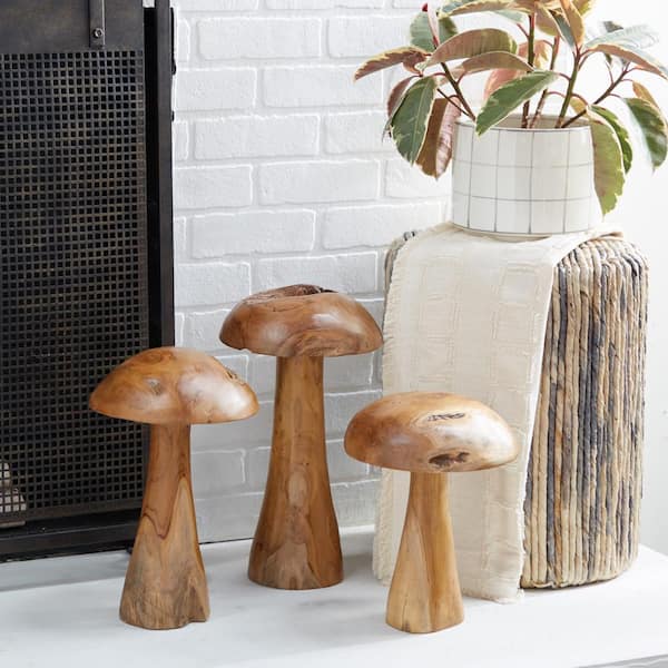 Litton Lane Brown Teak Wood Handmade Live Edge Mushroom Sculpture with Natural Smooth Finish (Set of 3)