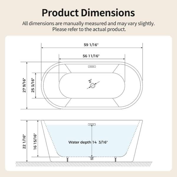 59 in. x 27.5 in. Acrylic Flatbottom Freestanding Soaking Bathtub with Center Drain in White