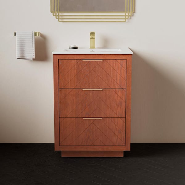 Swiss Madison Daxton 24 in. W x 18.31 in. D x 35.43 in. H Freestanding Bath Vanity in Walnut with Glossy White Ceramic Top