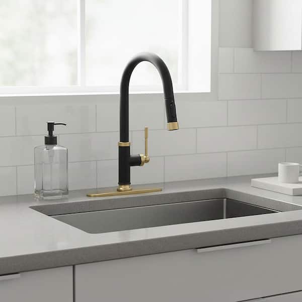 17 in. Single Handle Metal Pull Down Sprayer Kitchen Faucet with 360° Swivel Spout and Supply Hoses in Black and Gold