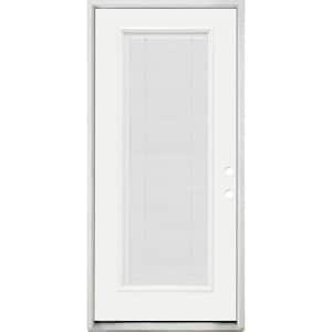 36 in. x 80 in. Reliant Clear Full Lite LHIS White Micro-Blind White Primed Fiberglass Prehung Front Door Nickel Hinges