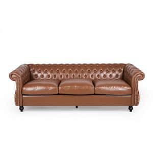 Somerville 84.5 in. Cognac Brown Solid Faux Leather 3-Seat Chesterfield Sofa with Removable Cushions