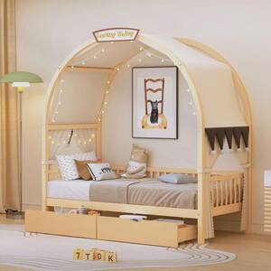 Natural (Yellow) Wood Frame Twin Size Platform Bed with Arched Roof, Curtains, Light Strip, Whiteboard and 2-Drawers