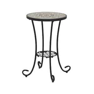 Trulisa Outdoor Patio Round Side Table with Shelf, Ceramic Tile, Iron, Black + Brown