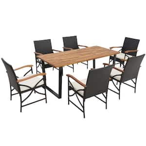 7 Piece Wicker Outdoor Dining Set Patio Acacia Wood Table 6 Wicker Chairs with Umbrella Hole and White Cushions