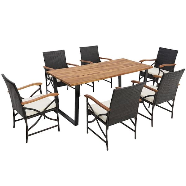 Costway 7 Piece Wicker Outdoor Dining Set Patio Acacia Wood Table 6 Wicker Chairs with Umbrella Hole and White Cushions