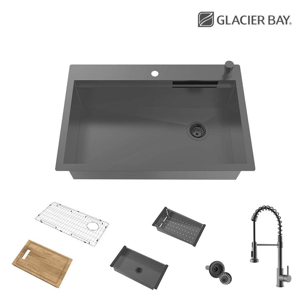 Glacier Bay 33 in Drop-In Single Bowl 18-Gauge Gunmetal Stainless Steel Workstation Kitchen Sink with Waterfall and Pull-Down Faucet