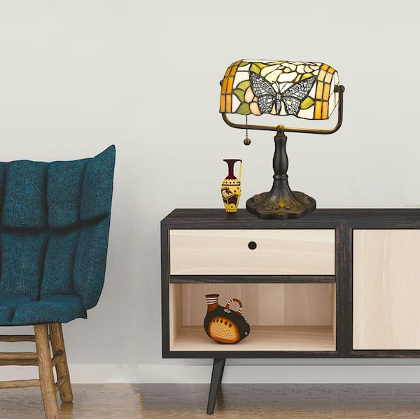 13 in. Butterfly Multicolored/Brown Desk Lamp with Pull Chain