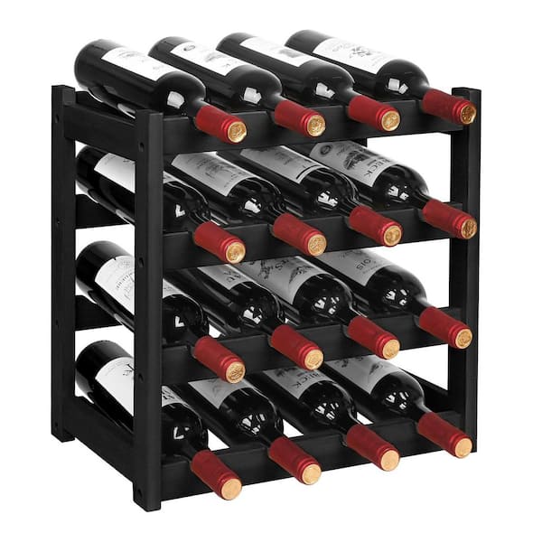 16-Botttle Black 17.1 in. W Bamboo Wine Rack, 4-Tier Freestanding Floor Wine Storage Shelves with Tabletop