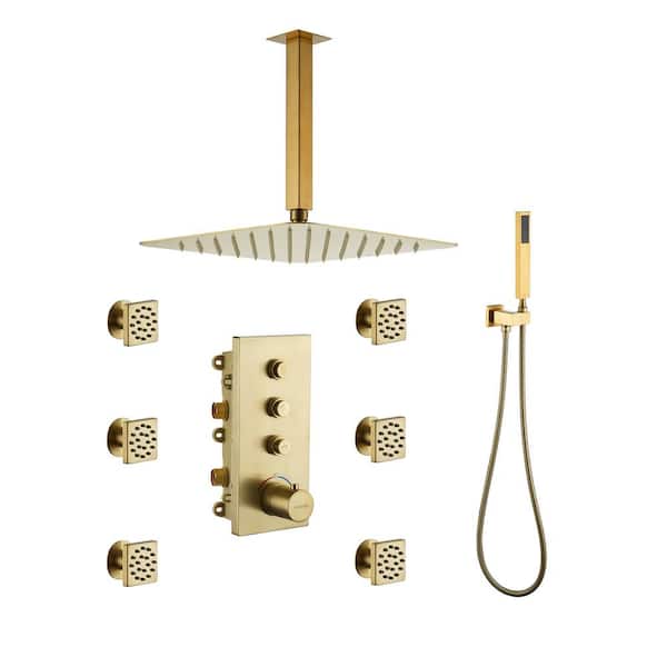 Boyel Living Thermostatic 12 in. 1-Spray Dual Ceiling Mount Fixed and Handheld Shower Head 1.8 GPM with 6 Body Jets in Brushed Gold