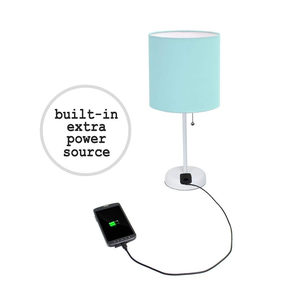 19.5" White Stick Table Lamp Set with Aqua Fabric Shades