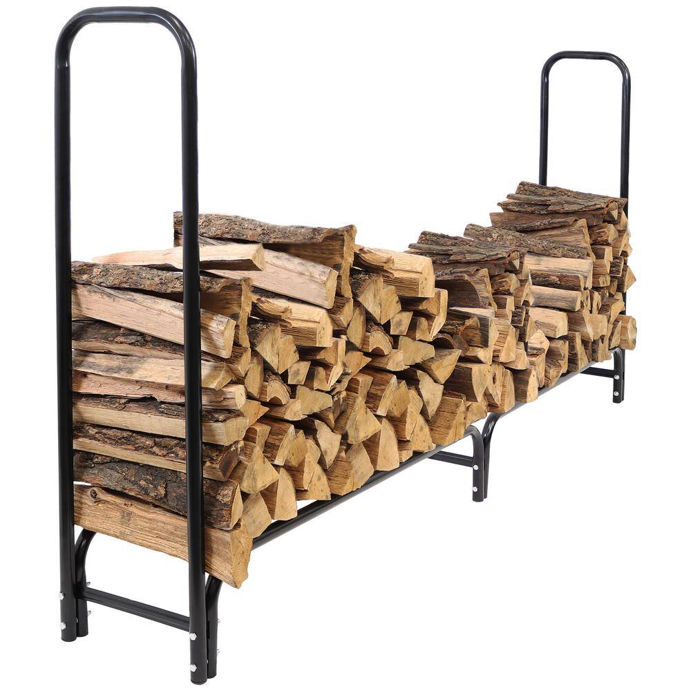 Sunnydaze Black Steel 8-Foot Firewood Log Rack with Cover