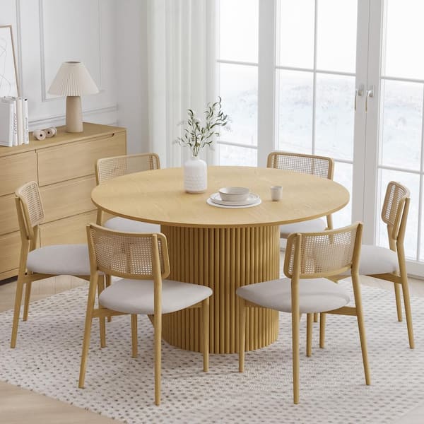 Dovelina 52 in. Natural Oak Wood Color Column Pedestal Round Kitchen Table Dining Table Seats 4